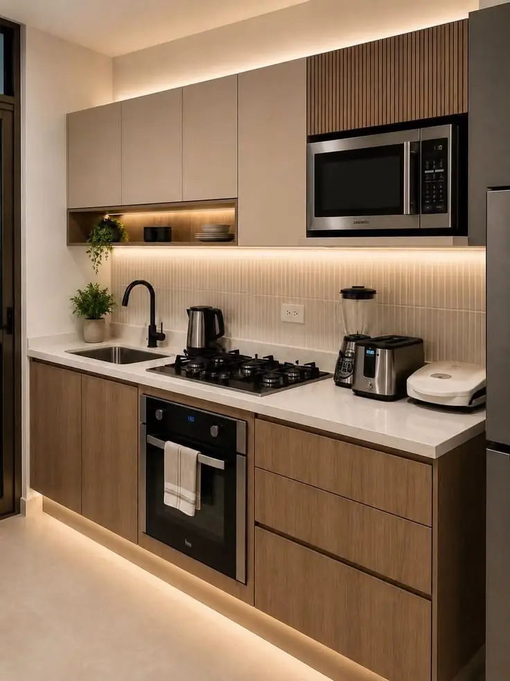 Compact 1 BHK modular kitchen with wood-finish cabinets, built-in oven and under-cabinet lighting