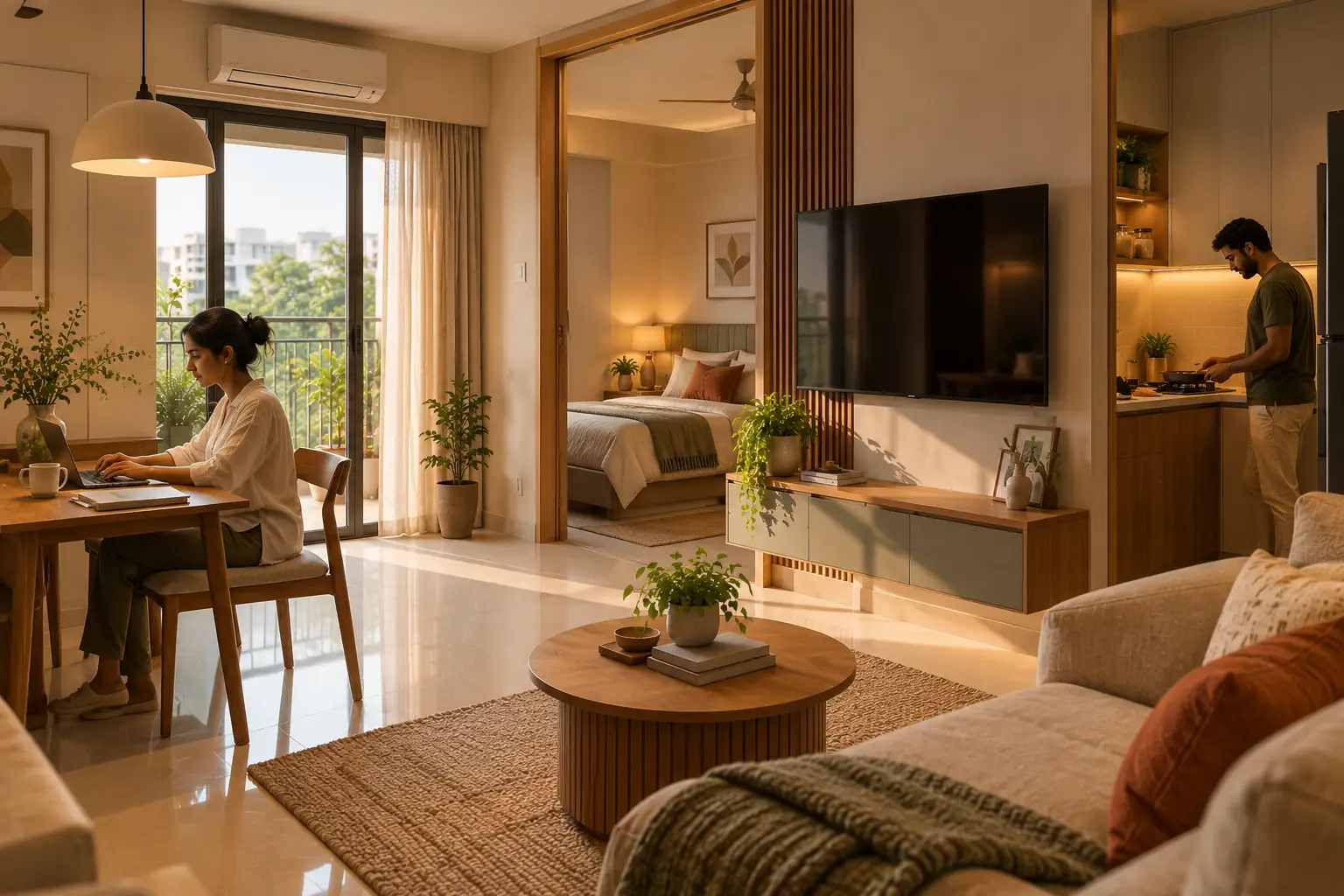 1 BHK home with a work-from-home desk in the living area and an open kitchen