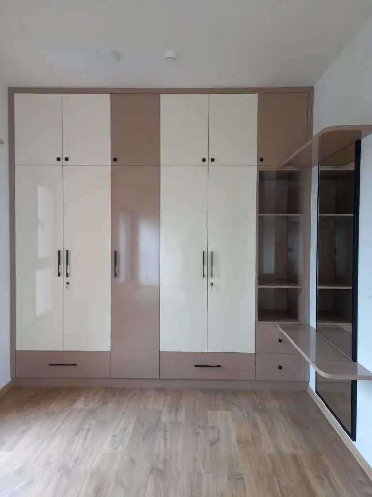 Two-tone white and blush hinged wardrobe with open display